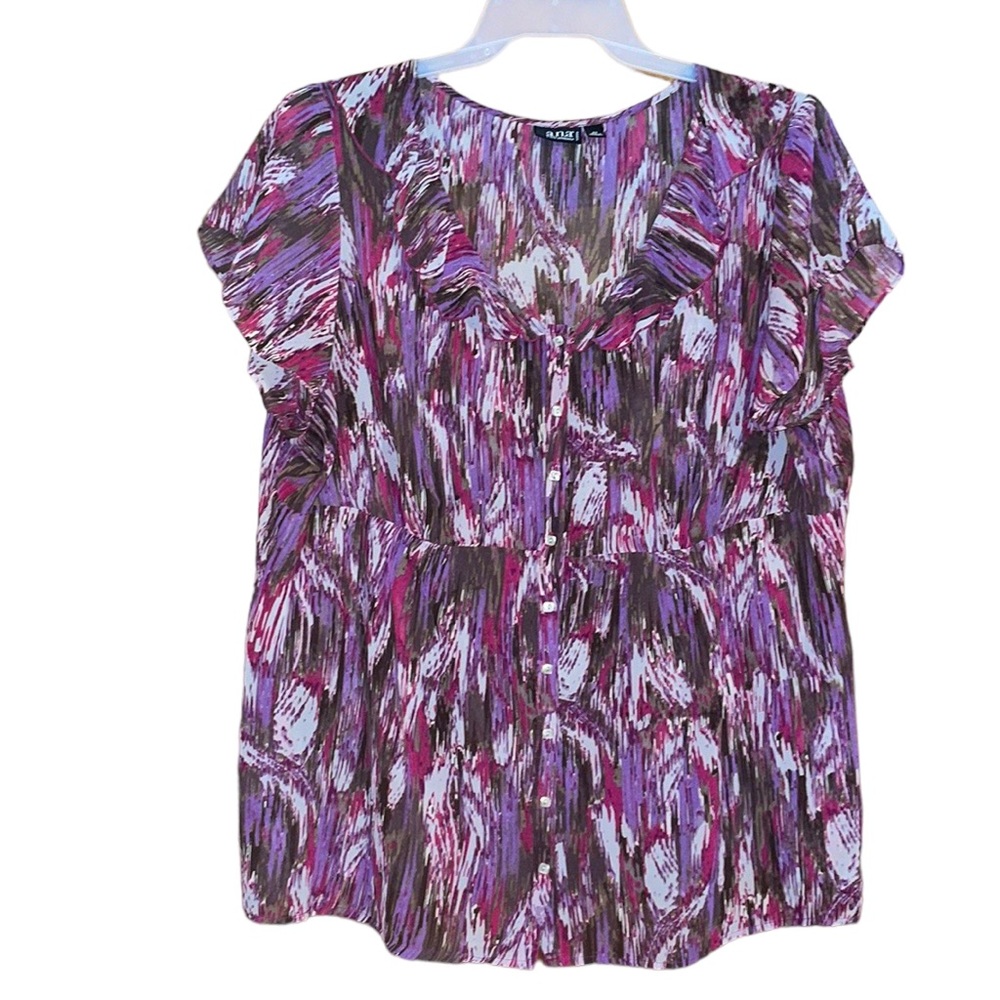•A.N.A•PINK/BROWN/PURPLE ABSTRACT PRINTED SHEER RUFFLE NECK BUTTON UP BLOUSE 3X